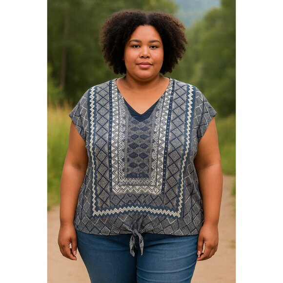 Lucky Brand Tops - Lucky Brand Womens 2X Boho Tie Hem Blue White Geometric Print Blouse Top